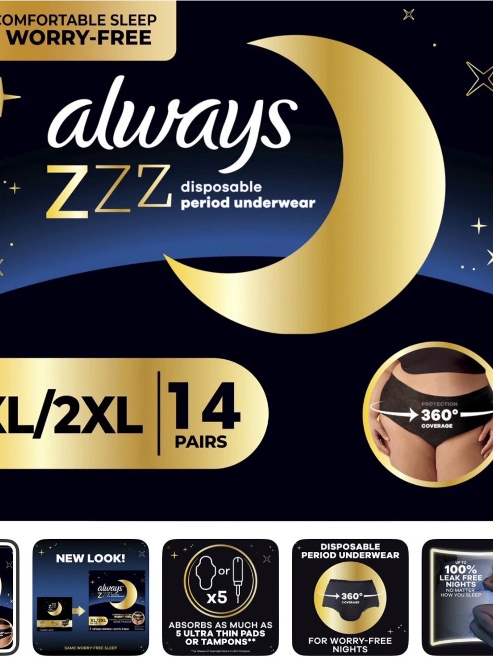 14 Count Always ZZZ Overnight Disposable Period Underwear XL-2XL open box